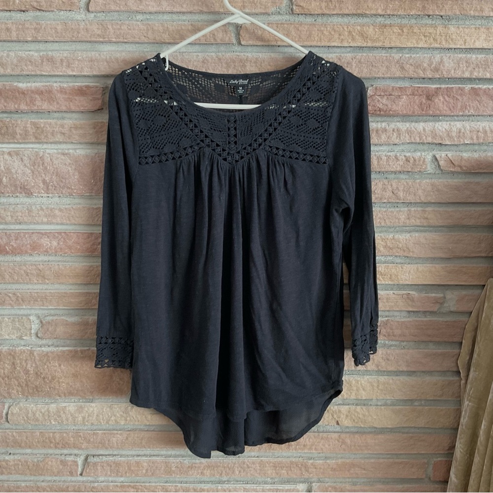 Lucky Brand Crochet Accent 3/4 Sleeve Boho Top Black Medium